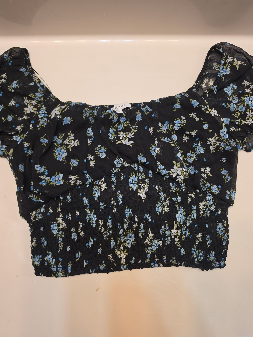 Black Floral Smocked Crop Top - Women